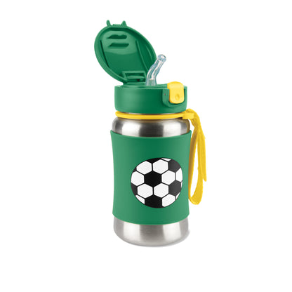 Botella de agua térmica verde con diseño de balón de fútbol y tapa con popote