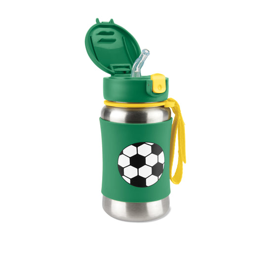 Botella de agua térmica verde con diseño de balón de fútbol y tapa con popote