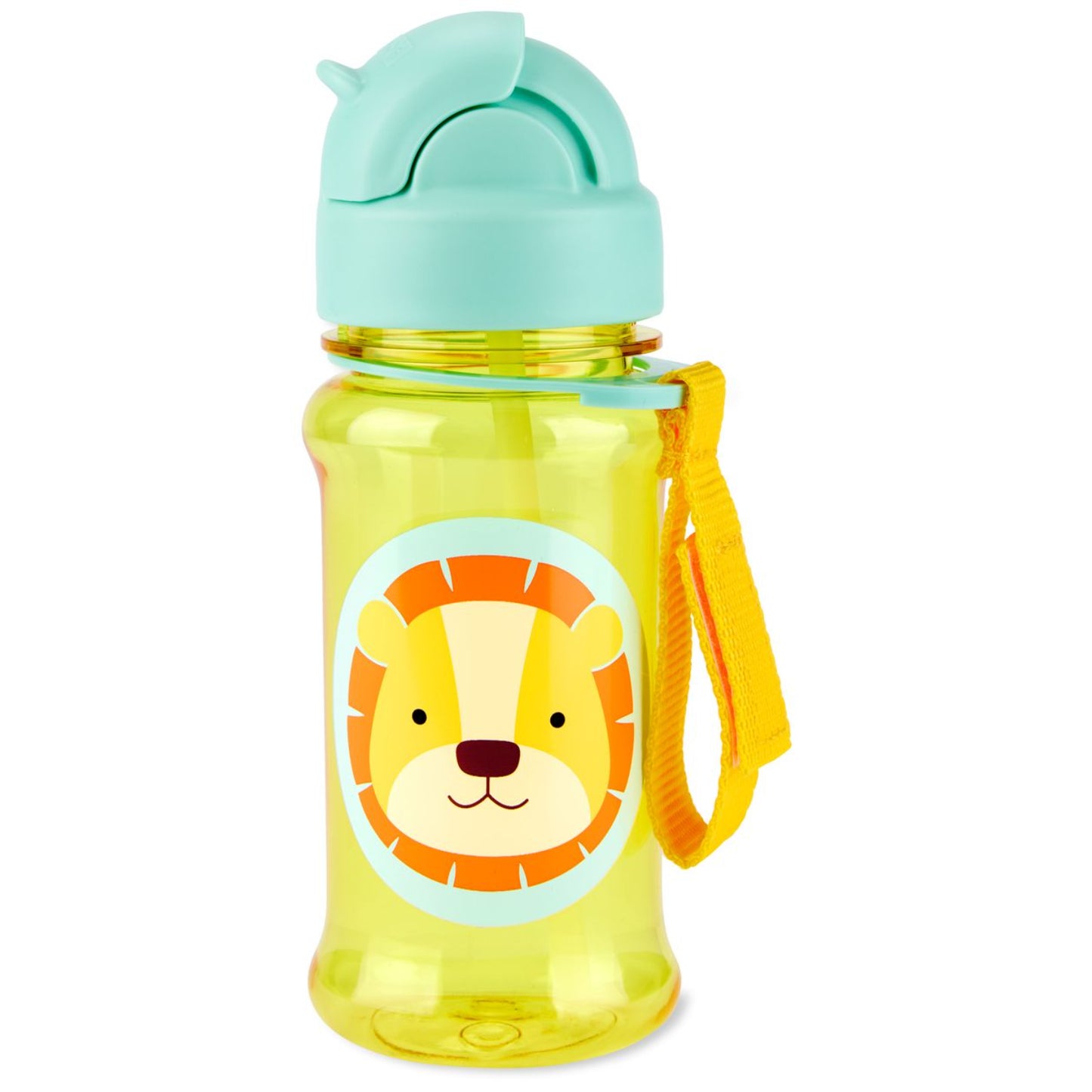 Botella infantil amarilla con diseño de león y tapa azul, ideal para niños