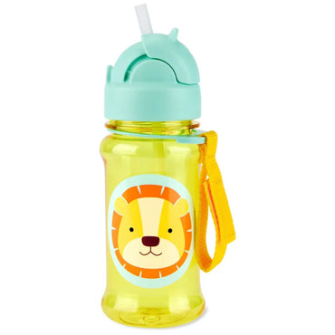botella infantil amarilla con diseño de león, vista frontal