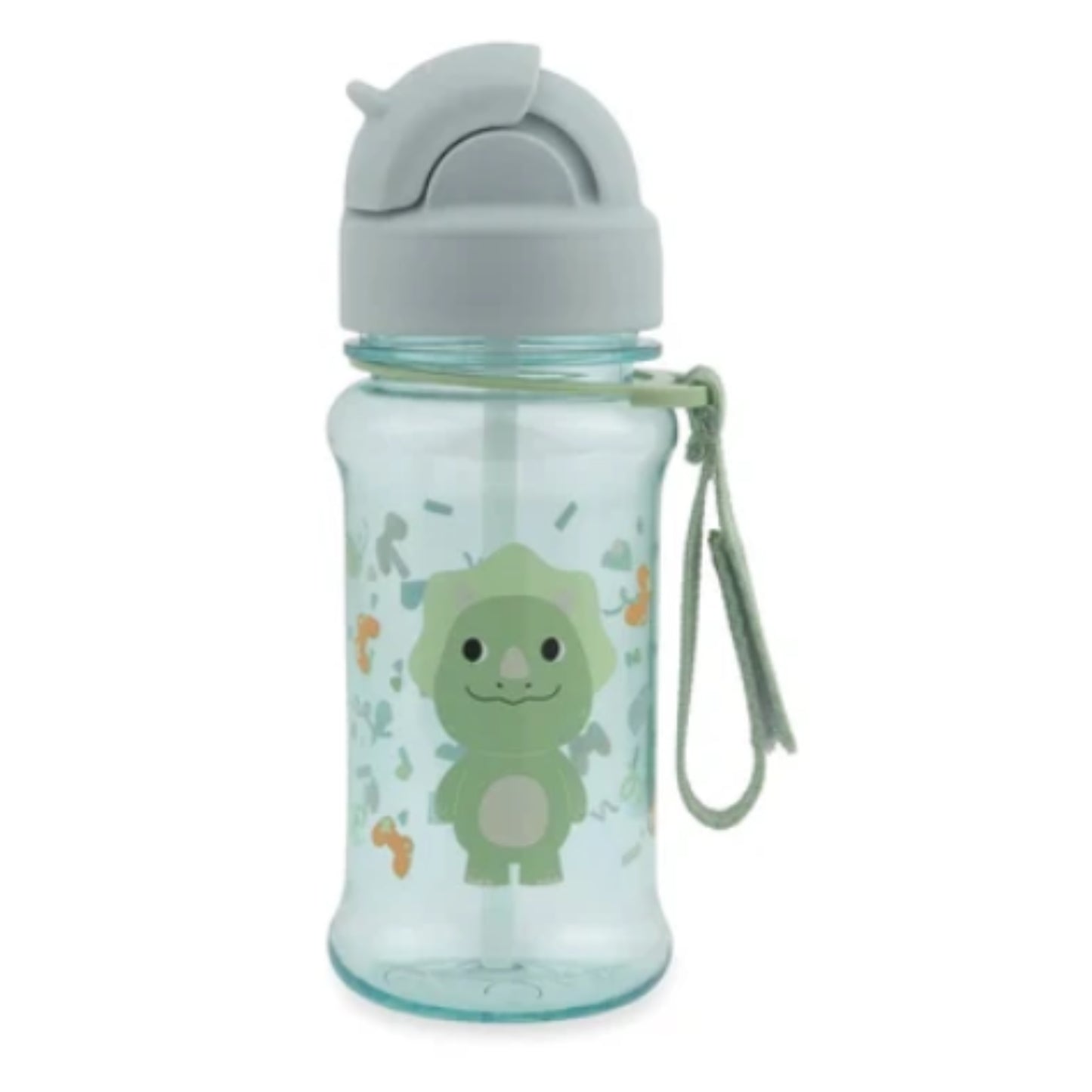botella de agua verde con dinosaurio, diseño infantil, vista frontal