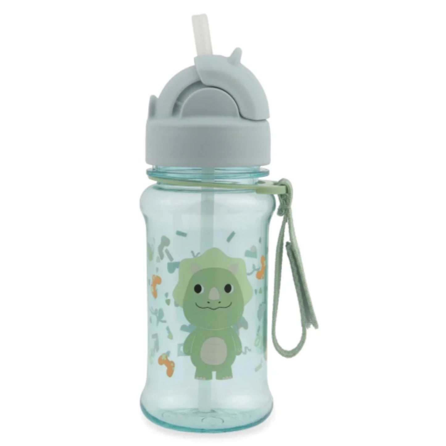 Botella de agua verde con dinosaurio y tapa, ideal para niños