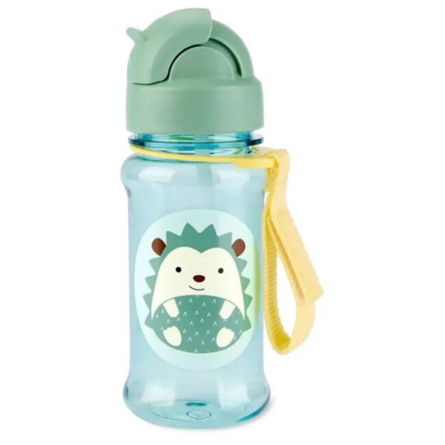 botella infantil azul con diseño de erizo y tapa verde, ideal para niños