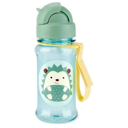 botella infantil azul con diseño de erizo y tapa verde, ideal para niños