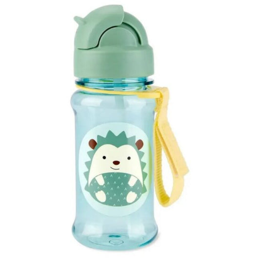 botella infantil azul con diseño de erizo y tapa verde, ideal para niños