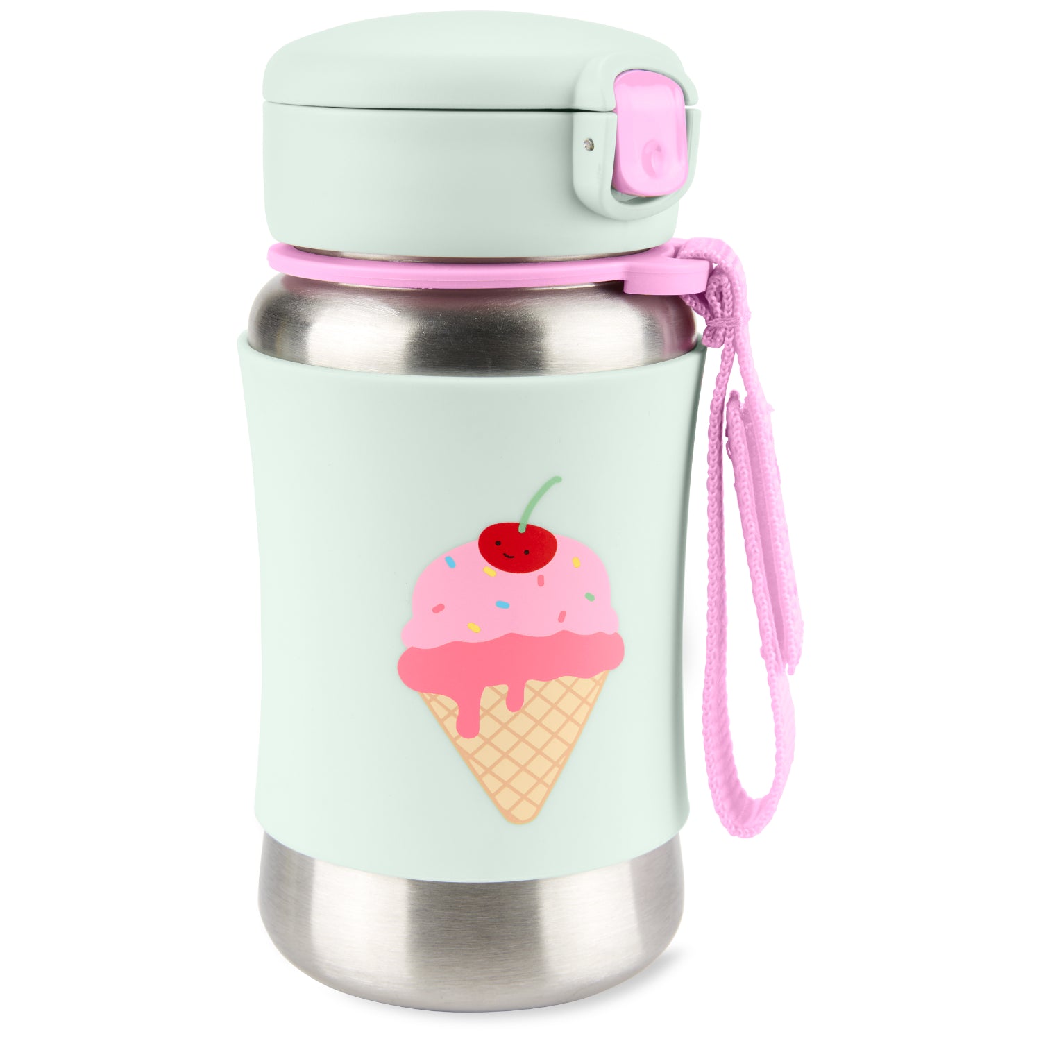 Botella térmica verde claro con diseño de helado y tapa rosa, uso diario