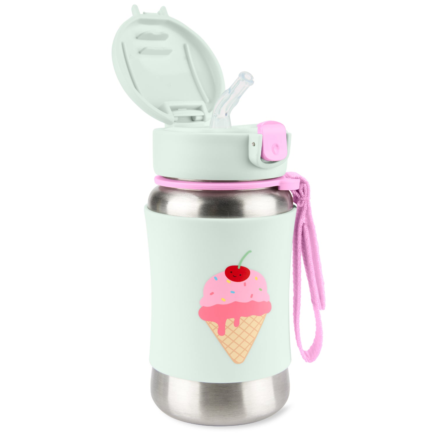 botella térmica verde con diseño de helado, vista lateral, perfecta para niños