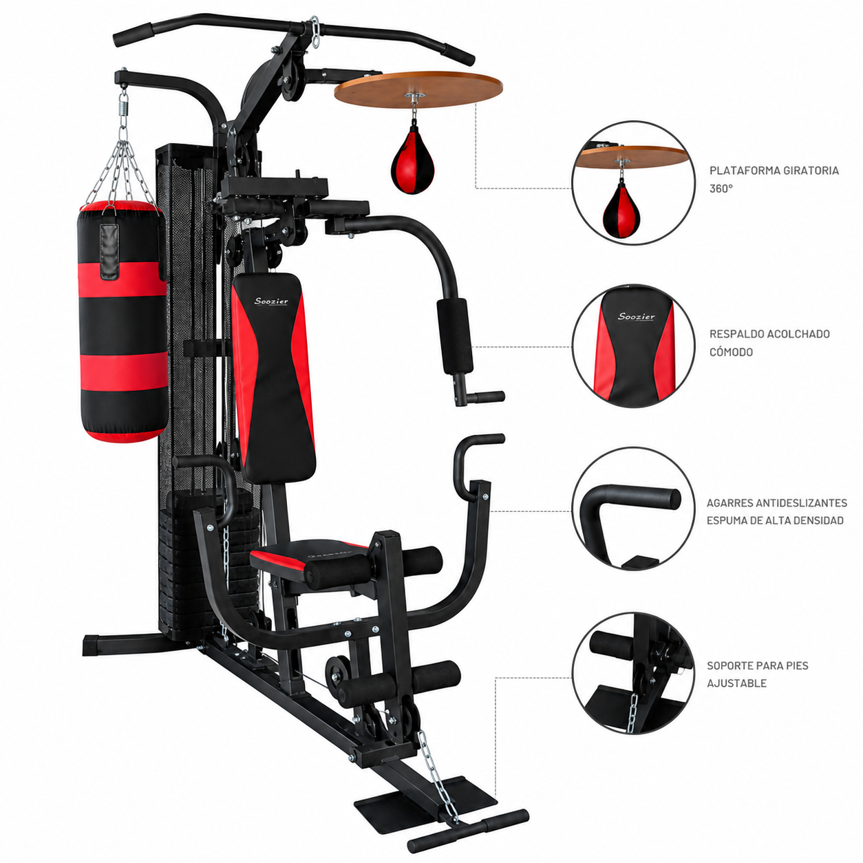 Máquina de boxeo con saco, plataforma giratoria y respaldo acolchado en negro y rojo