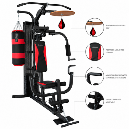 Máquina de boxeo con saco, plataforma giratoria y respaldo acolchado en negro y rojo