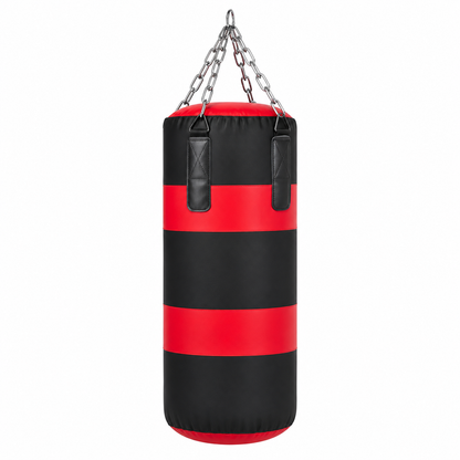 Saco de boxeo rojo y negro, vista lateral, ideal para entrenamiento en casa