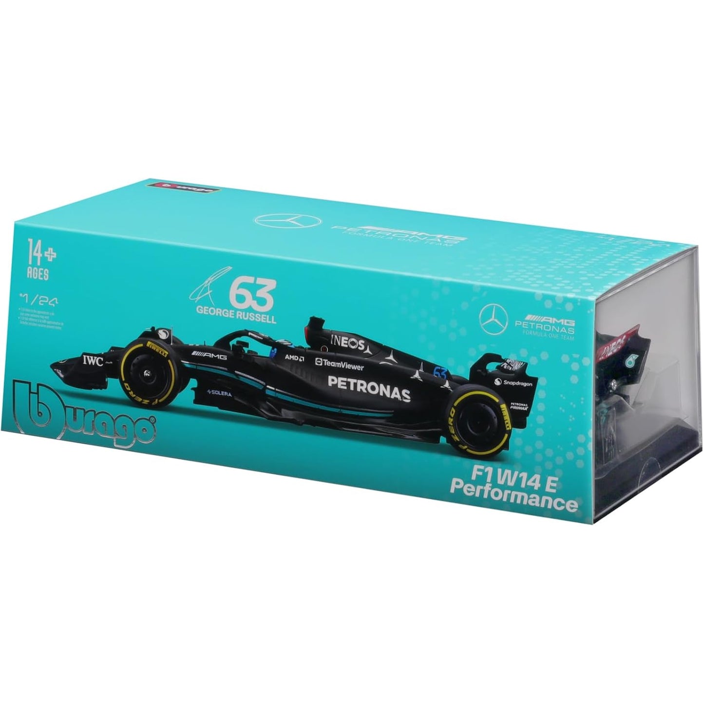 Carro F1 negro de Maisto, modelo George Russell, vista frontal en su empaque