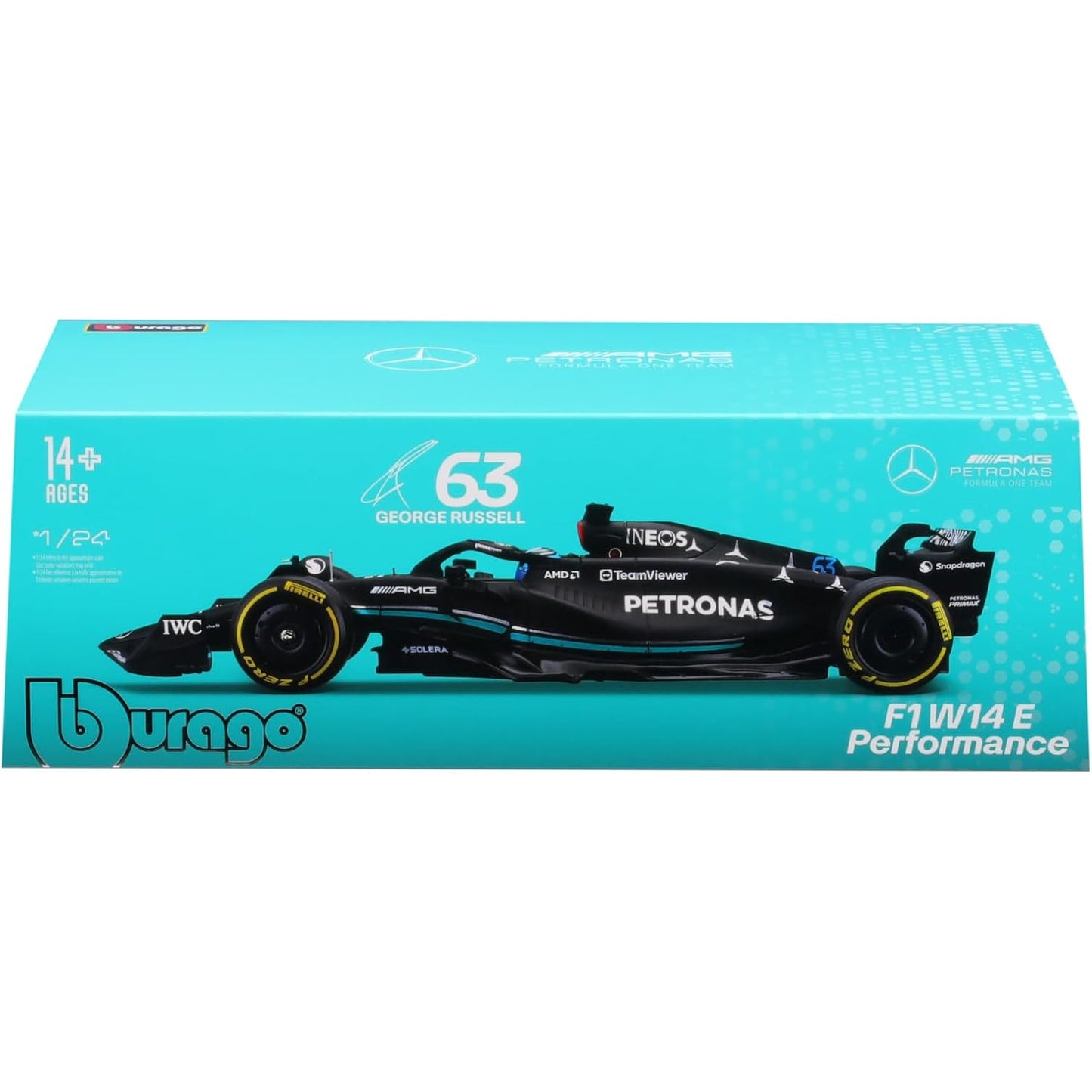 Carro F1 negro modelo Mercedes W14 E, vista lateral en caja