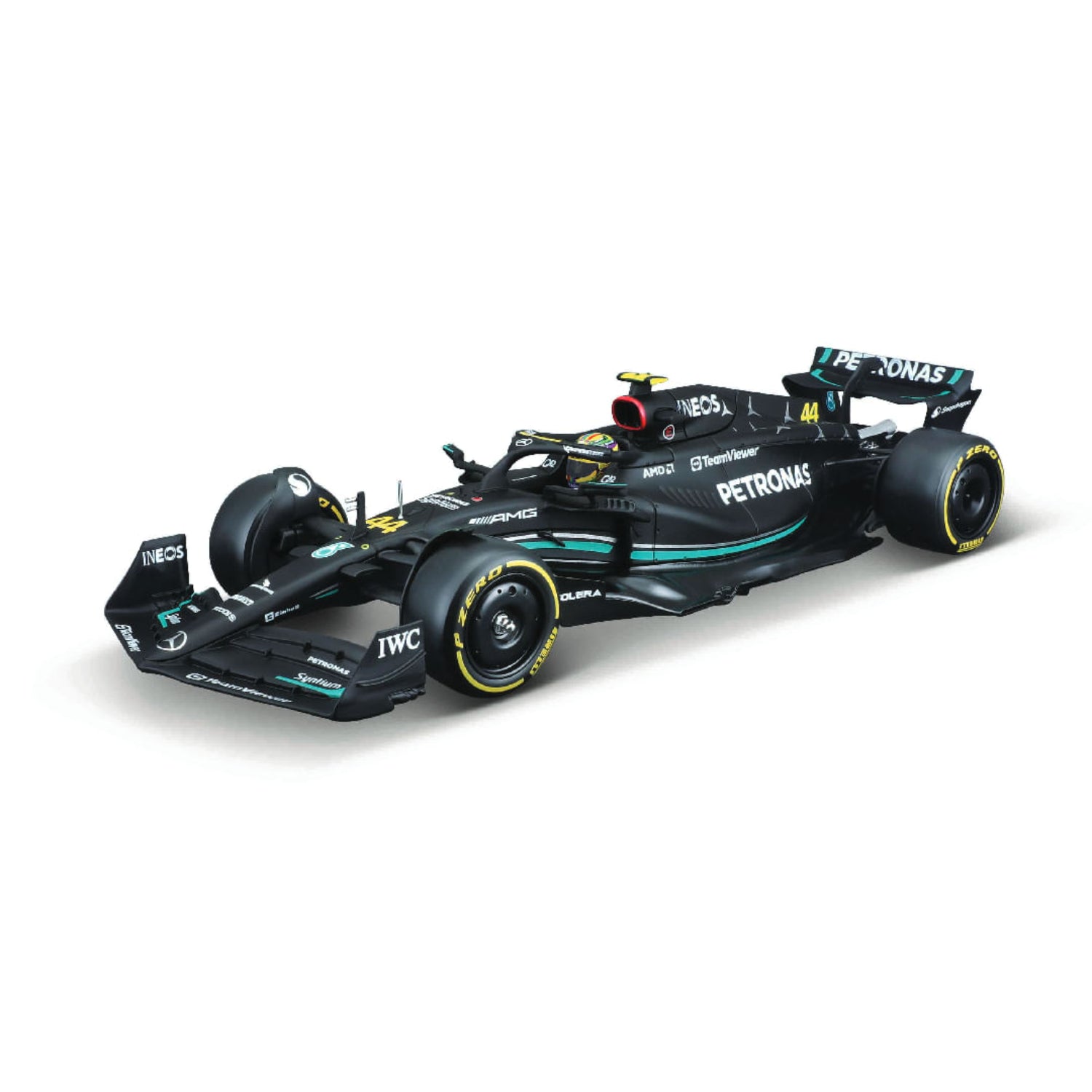 Carro F1 negro con detalles de patrocinadores, vista lateral de modelo a escala