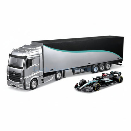 Camión modelo MAISTO gris con remolque y auto de carreras F1 Mercedes