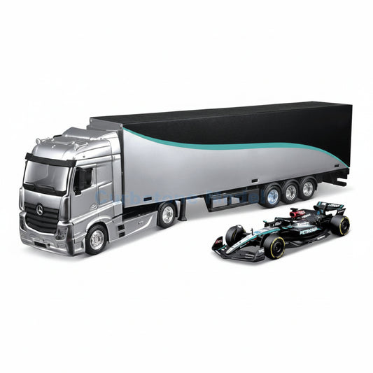 Camión modelo MAISTO gris con remolque y auto de carreras F1 Mercedes