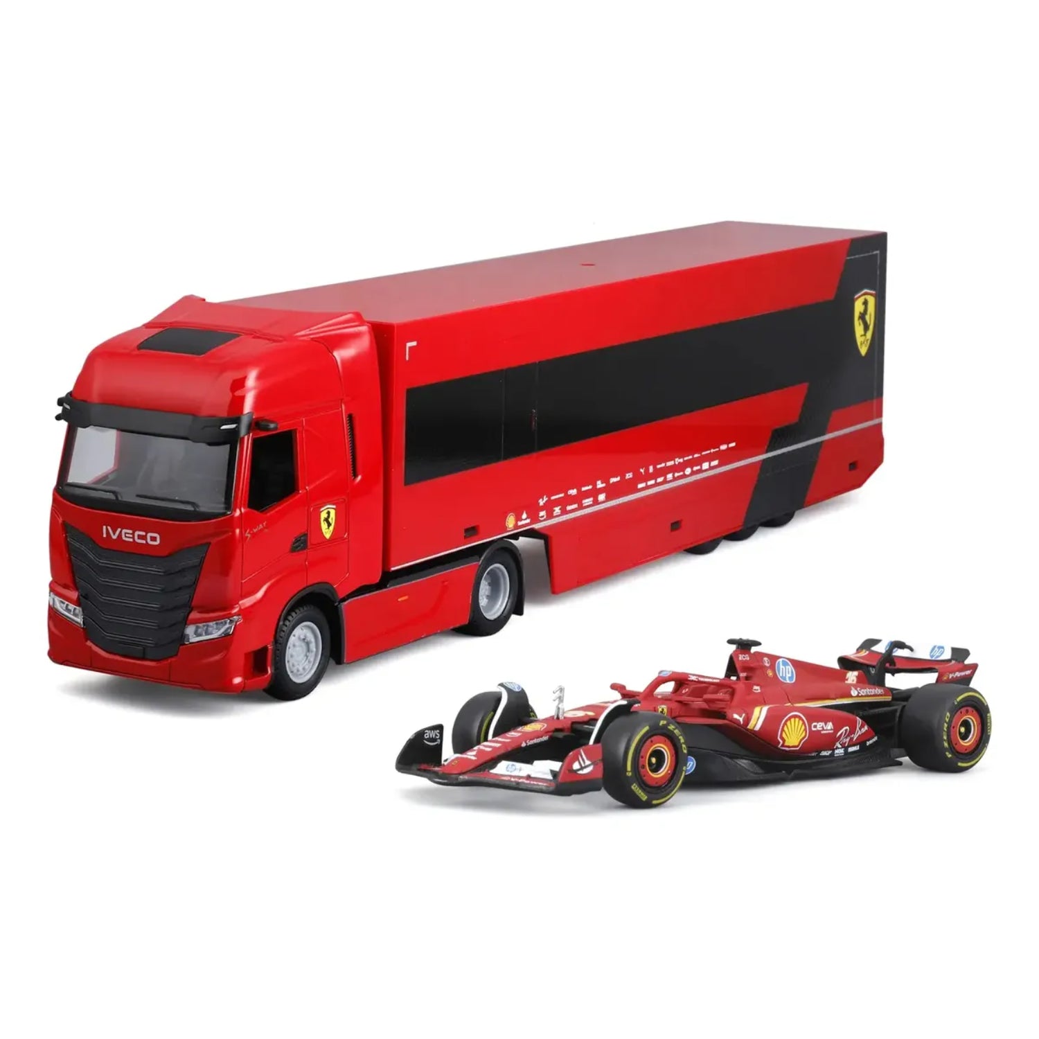 Camión rojo Ferrari IVEC, vista lateral, modelo de competición con coche de carreras.