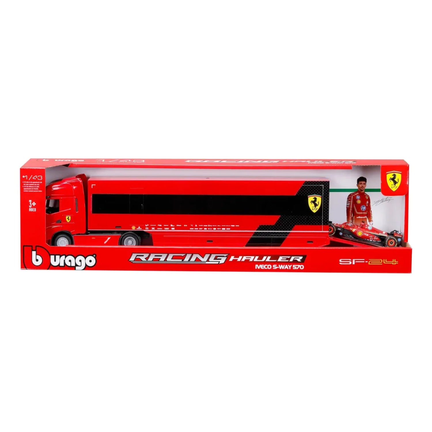Camión rojo Maisto Racing Hauler con modelo Ferrari y piloto en caja