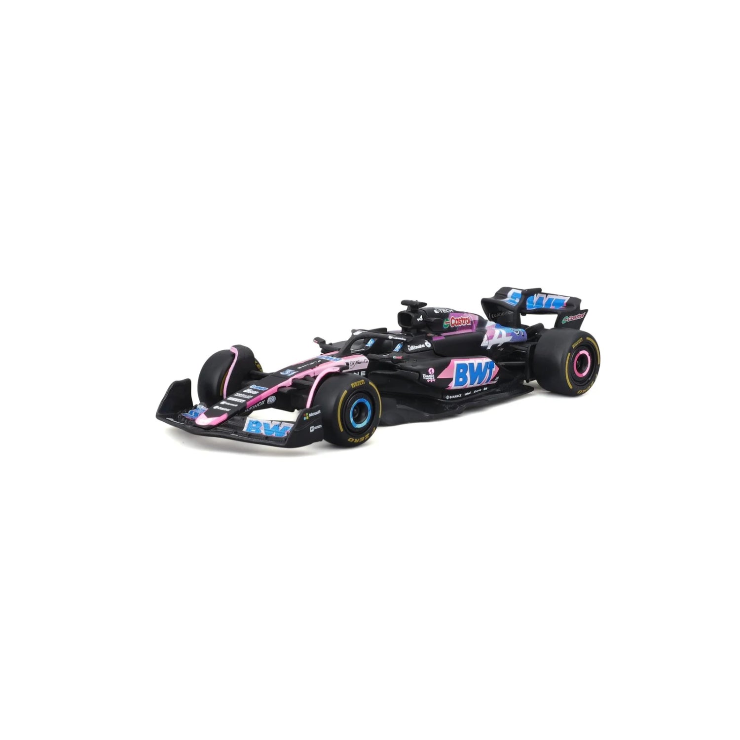 Carro de carreras negro modelo F1, visto lateral, detallado y con logos