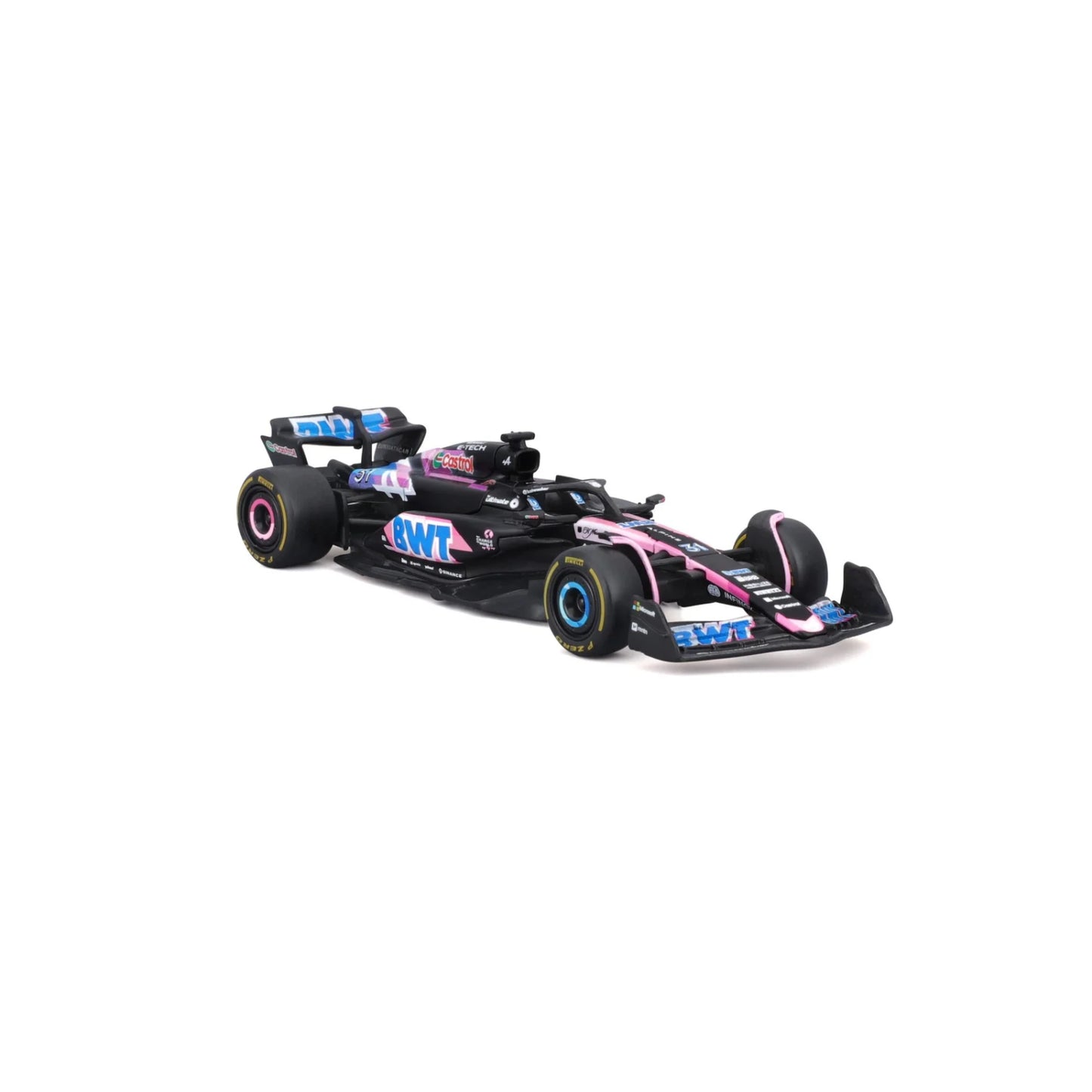 Carro de carreras negro y rosa, modelo detallado, vista lateral