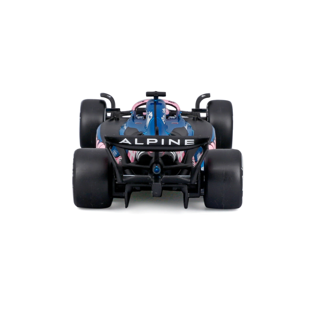 Carro de Fórmula 1 Alpine, vista trasera, detalles en negro y azul
