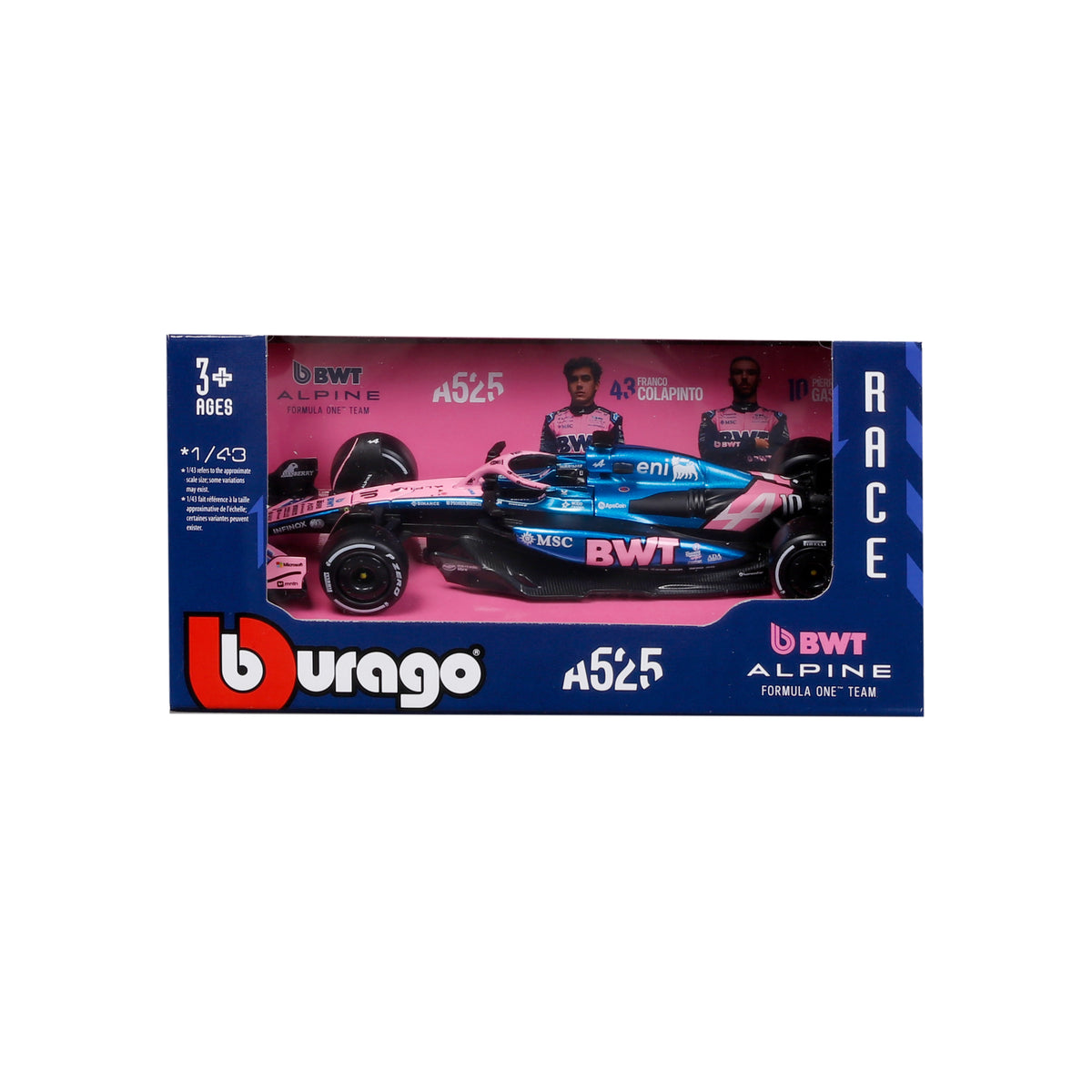 Carro BWT Alpine F1 modelo 1:43, vista frontal en empaque de exhibición.