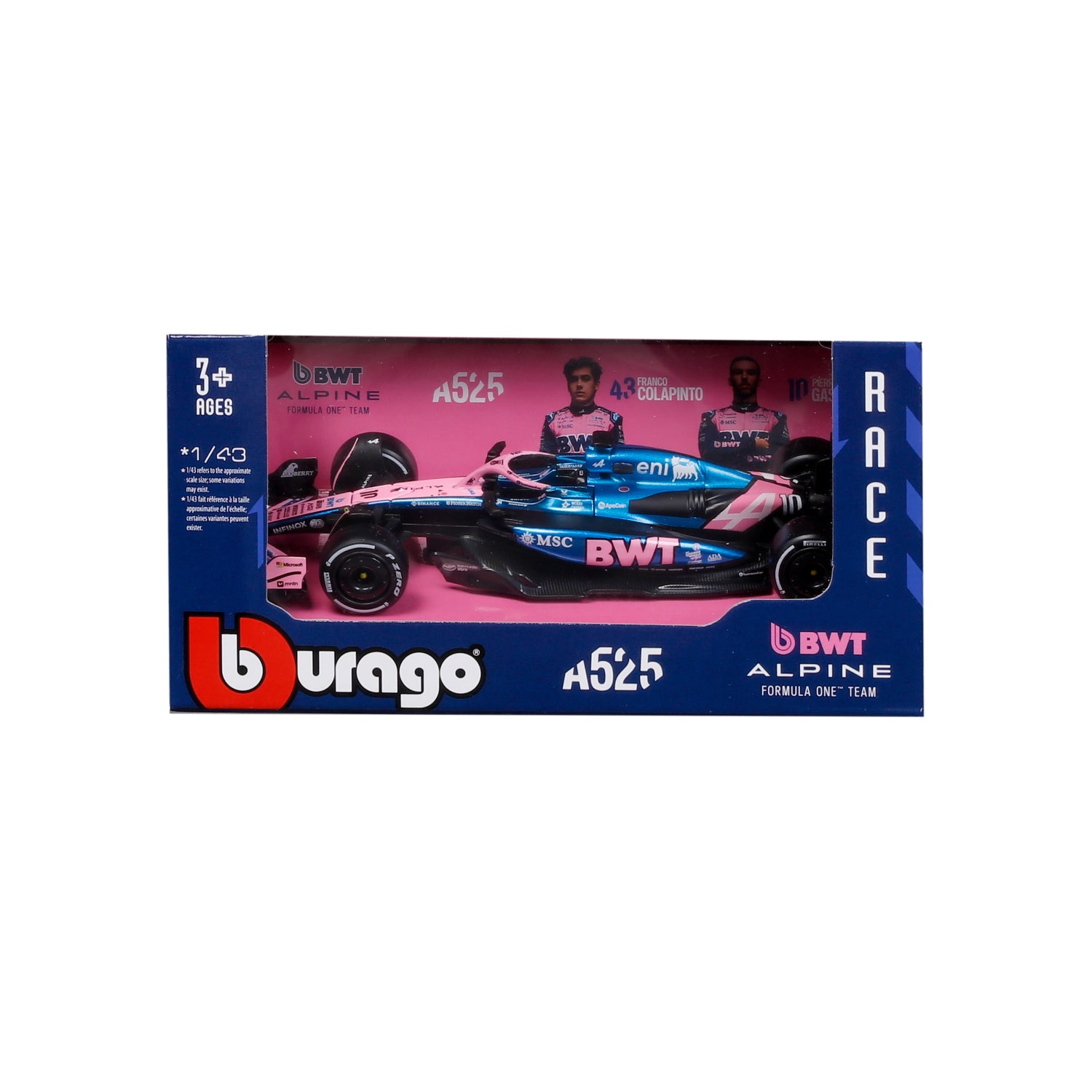 Carro BWT Alpine F1 modelo 1:43, vista frontal en empaque de exhibición.