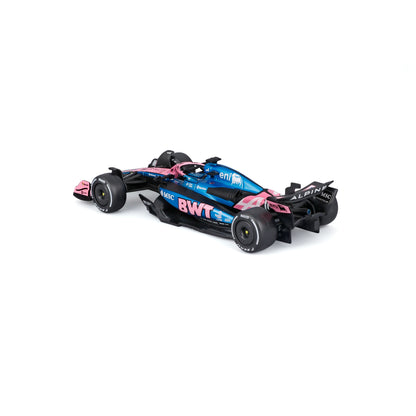 Carro de carreras Alpine de color azul y rosa, vista lateral, modelo detallado de MAISTO