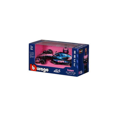Carro de carreras Burago modelo Alpine, vista frontal en caja de presentación
