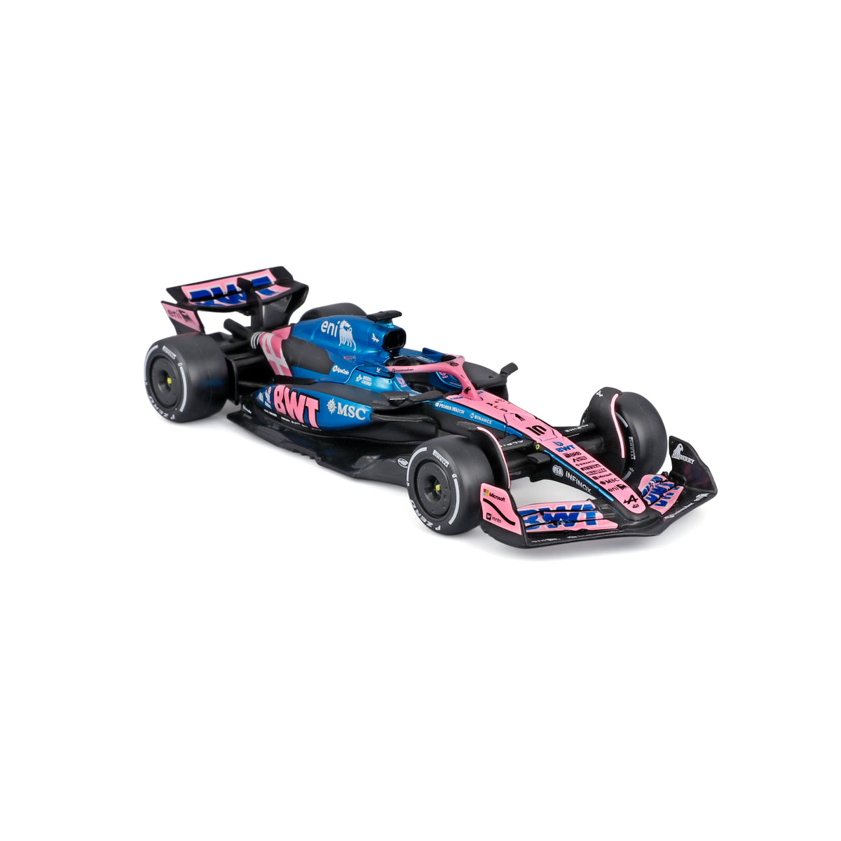 Carro de carreras modelo Maisto en colores azul y rosa, vista lateral