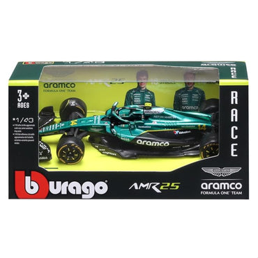 Carro de Fórmula 1 AMR25 verde, vista frontal en caja detallada