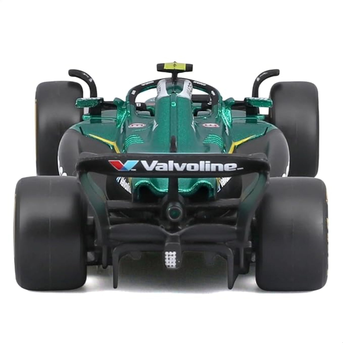 Carro de Fórmula 1 Valvoline verde, vista trasera detallada, juguete coleccionable