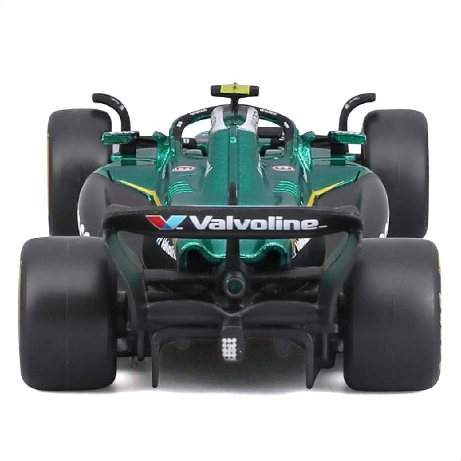 Carro de Fórmula 1 Valvoline verde, vista trasera detallada, juguete coleccionable