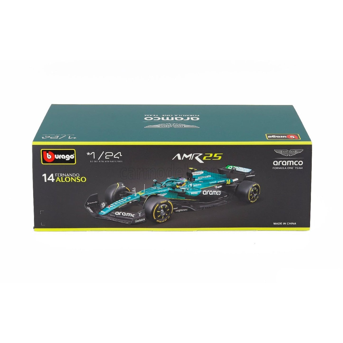 Carro F1 azul AMR25 de Fernando Alonso, vista frontal en caja de exhibición