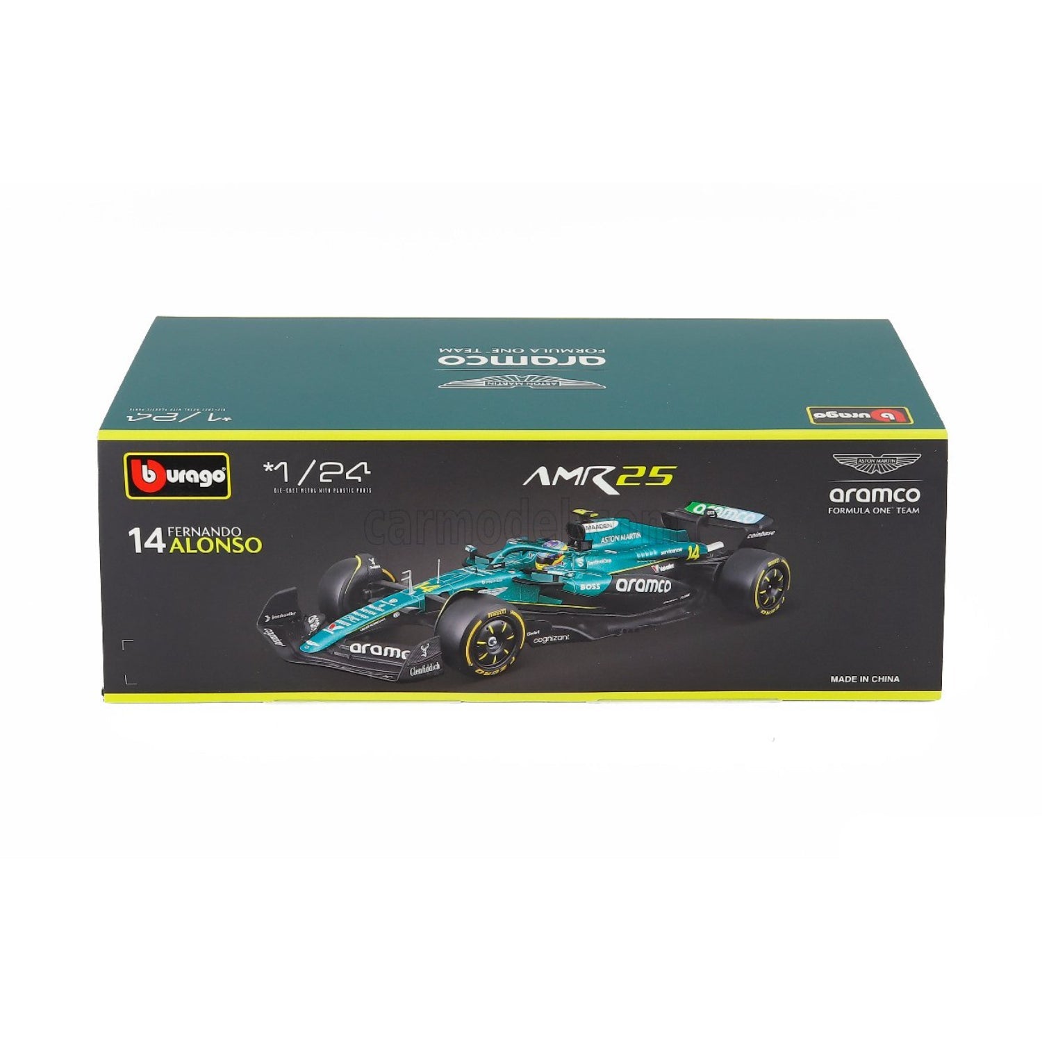 Carro F1 azul AMR25 de Fernando Alonso, vista frontal en caja de exhibición