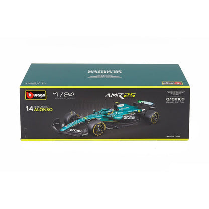 Carro F1 azul AMR25 de Fernando Alonso, vista frontal en caja de exhibición