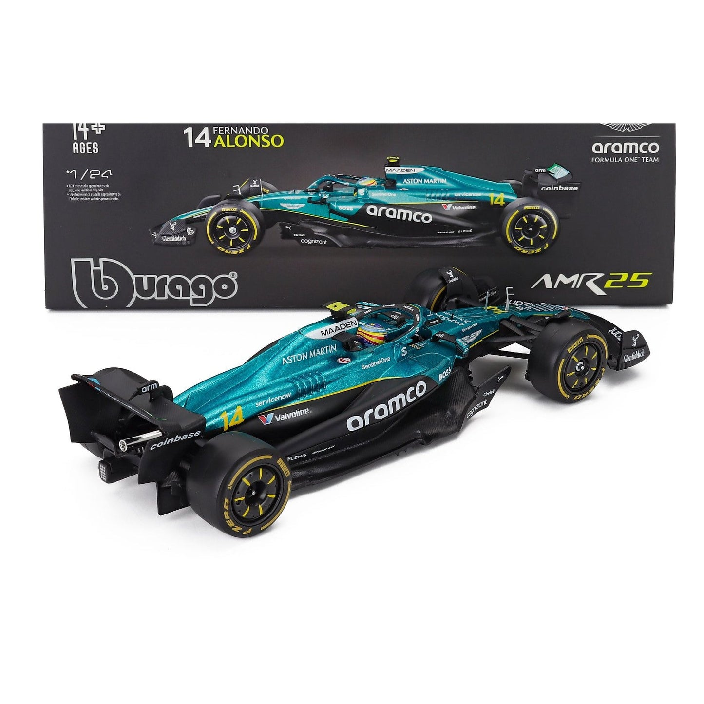 Carro F1 verde Aston Martin, vista lateral, modelo AMR25 de Maisto