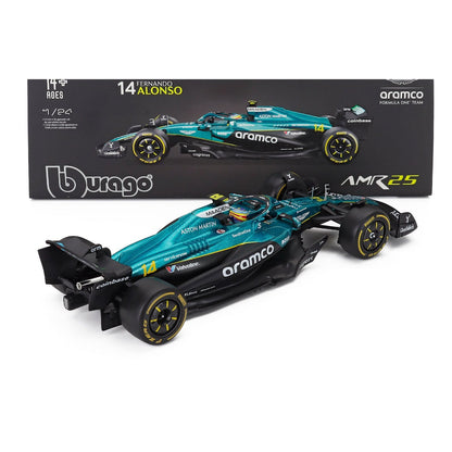 Carro F1 verde Aston Martin, vista lateral, modelo AMR25 de Maisto