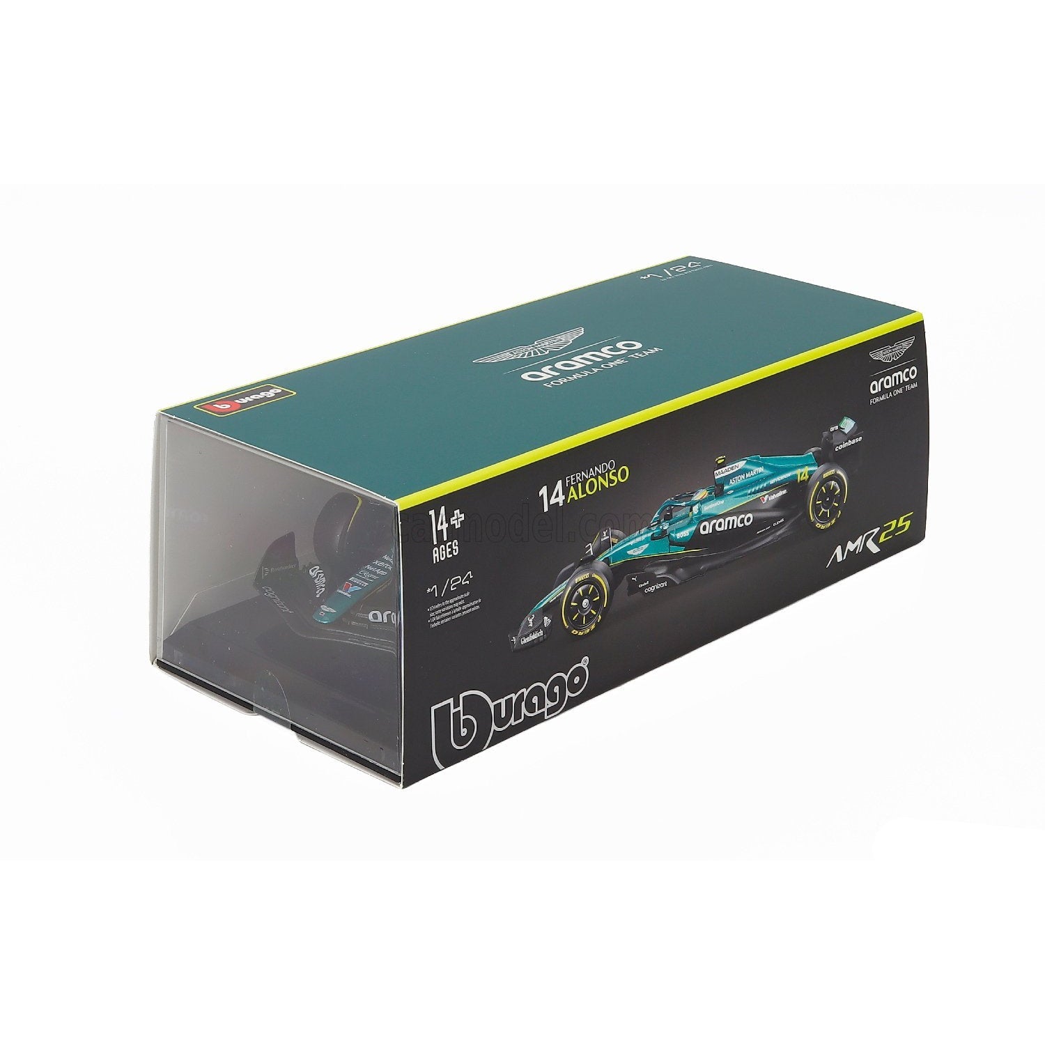 Carro F1 Burago AMR25 con modelo de Aston Martin en su empaque original