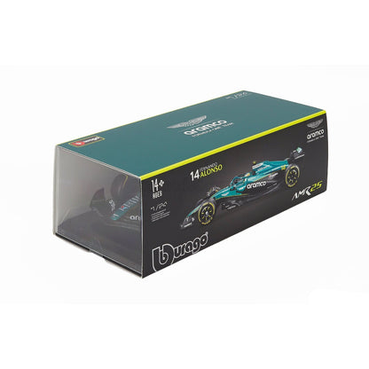 Carro F1 Burago AMR25 con modelo de Aston Martin en su empaque original