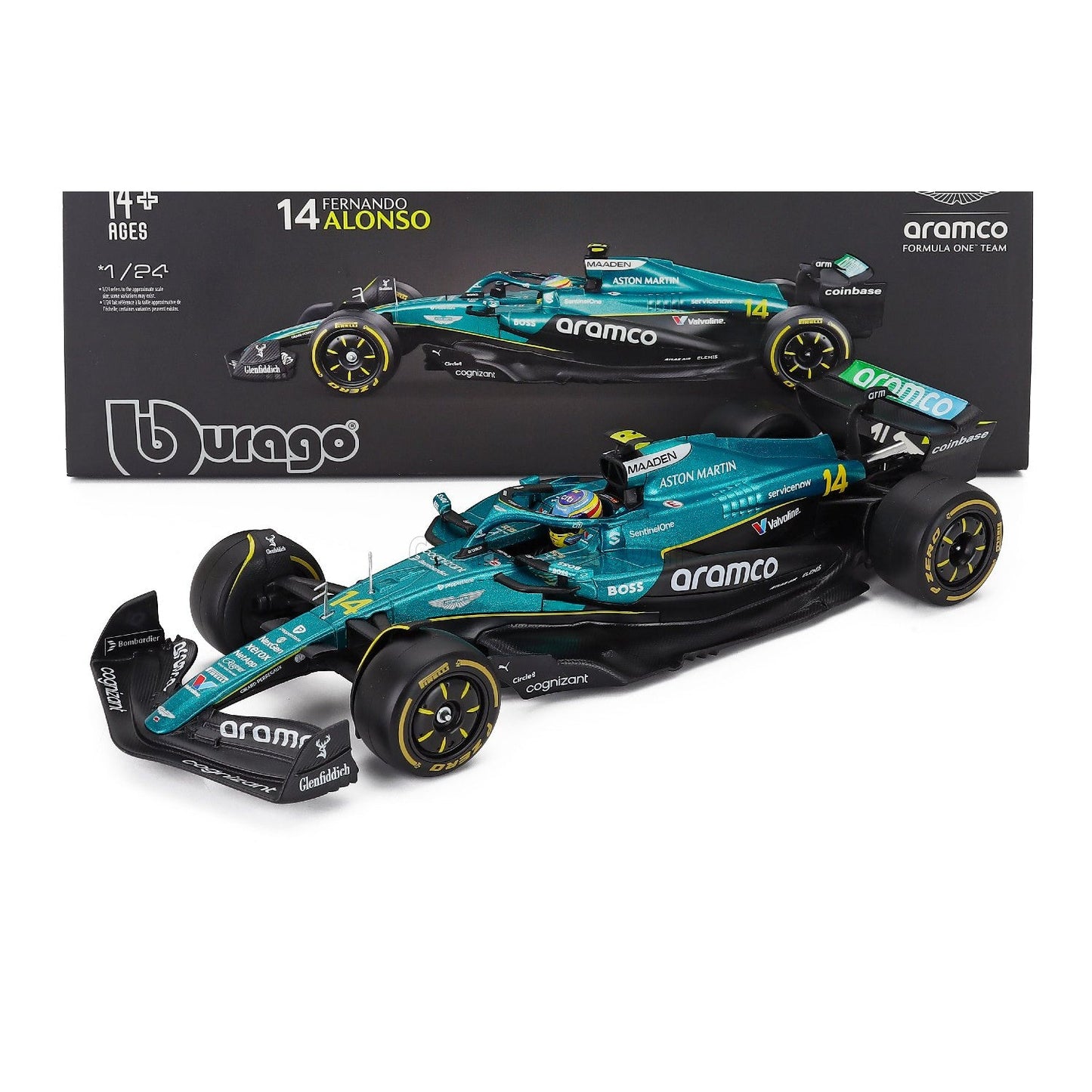Carro F1 azul y negro de Fernando Alonso, vista lateral, con caja incluida