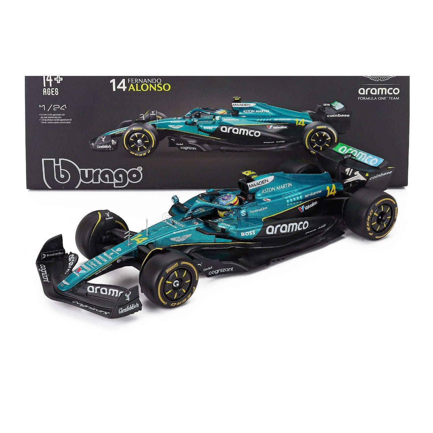 Carro F1 azul y negro de Fernando Alonso, vista lateral, con caja incluida