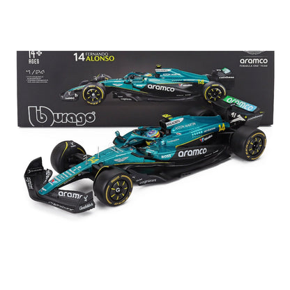 Carro F1 azul y negro de Fernando Alonso, vista lateral, con caja incluida