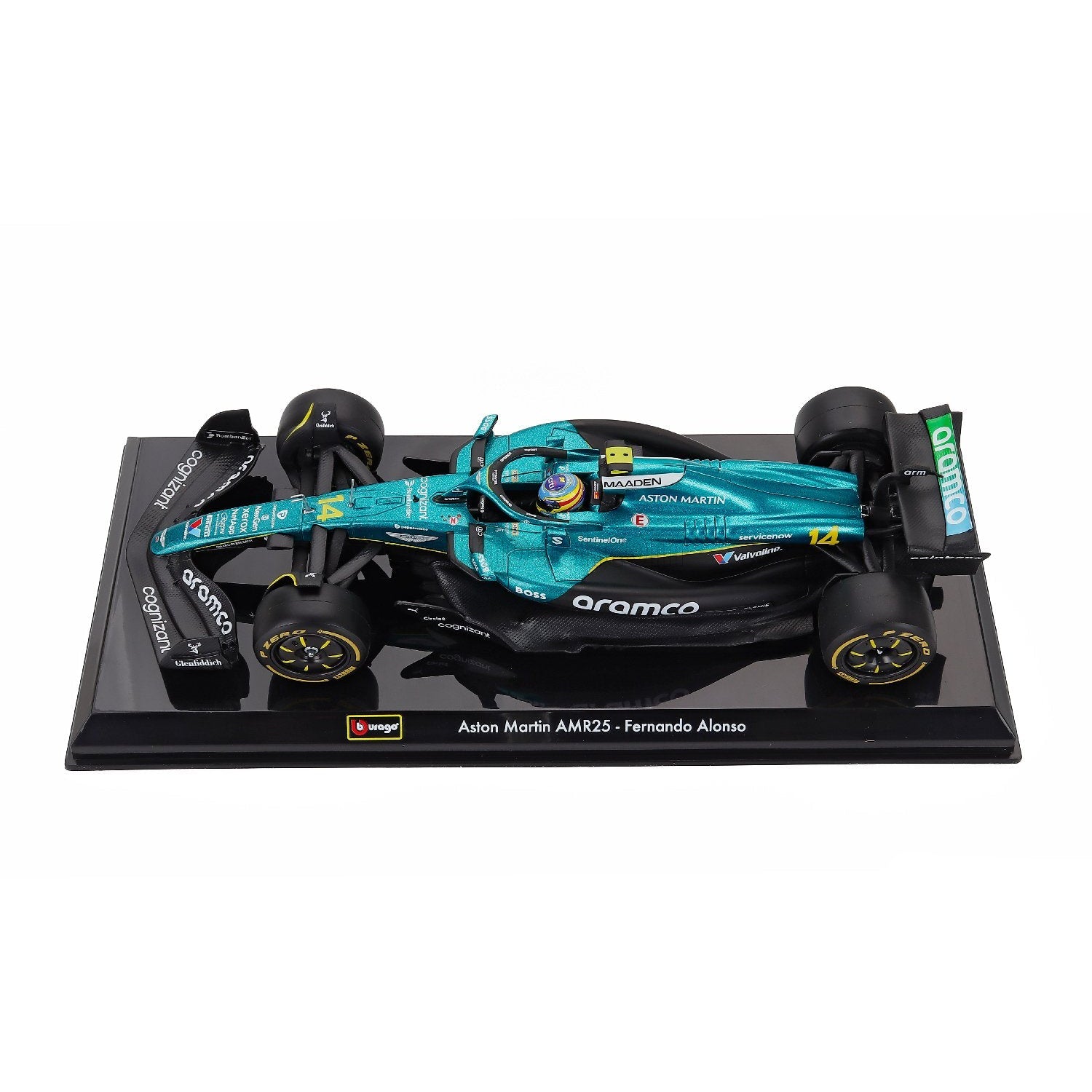 Carro F1 Aston Martin AMR25, color verde, vista superior en base de exhibición