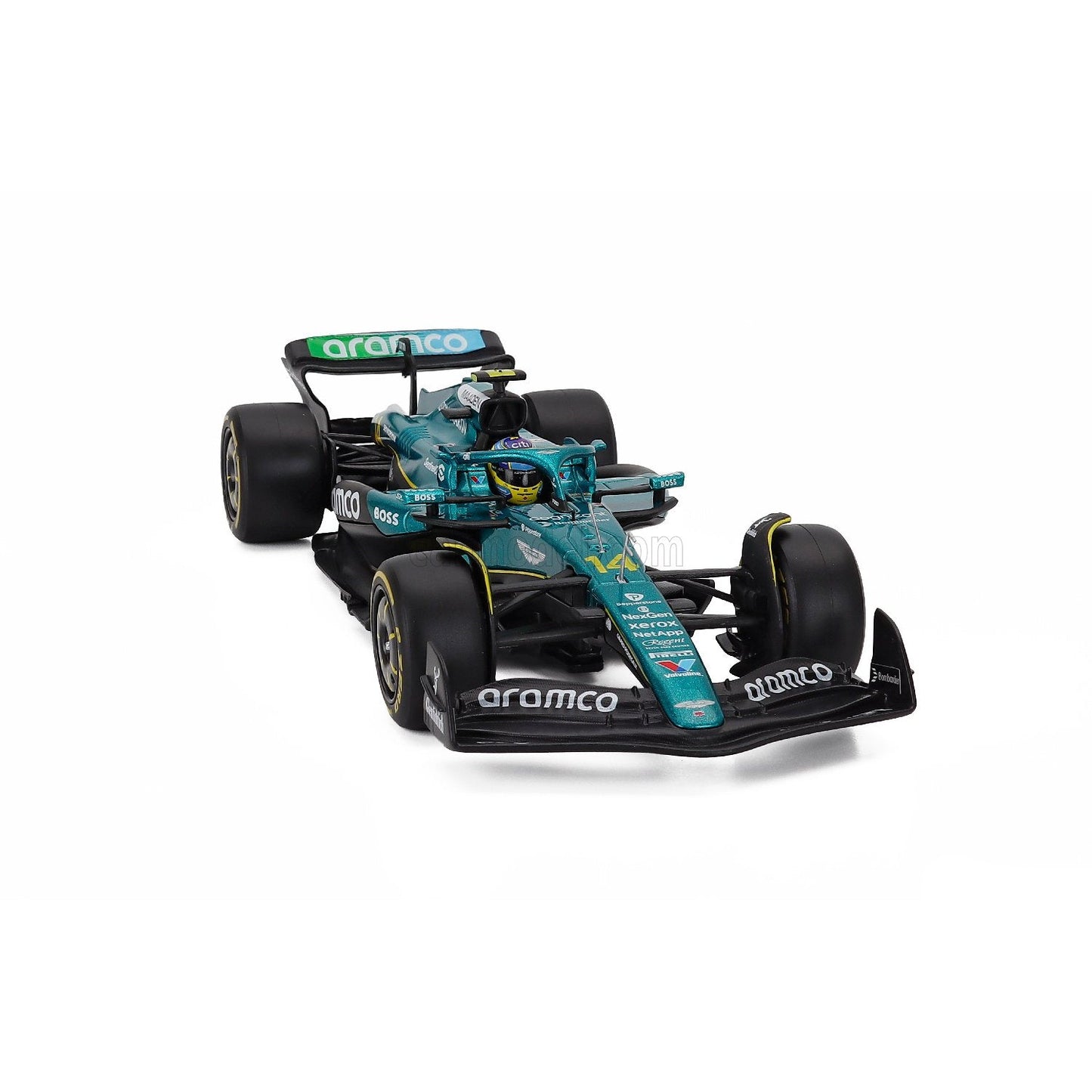 Carro F1 verde modelo 2021, vista frontal y detalles realistas.