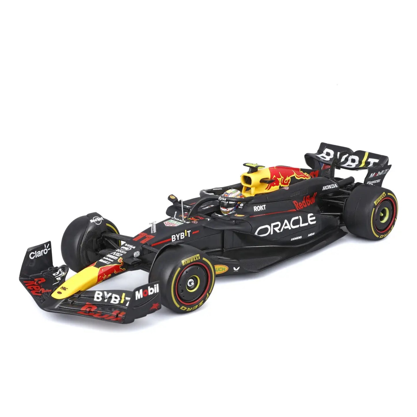 Carro F1 negro y rojo, modelo detallado, vista lateral, colección de maquetas