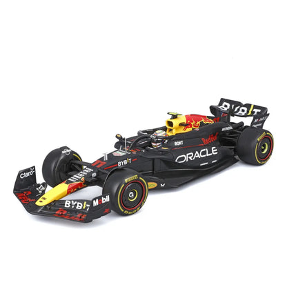Carro F1 negro y rojo, modelo detallado, vista lateral, colección de maquetas
