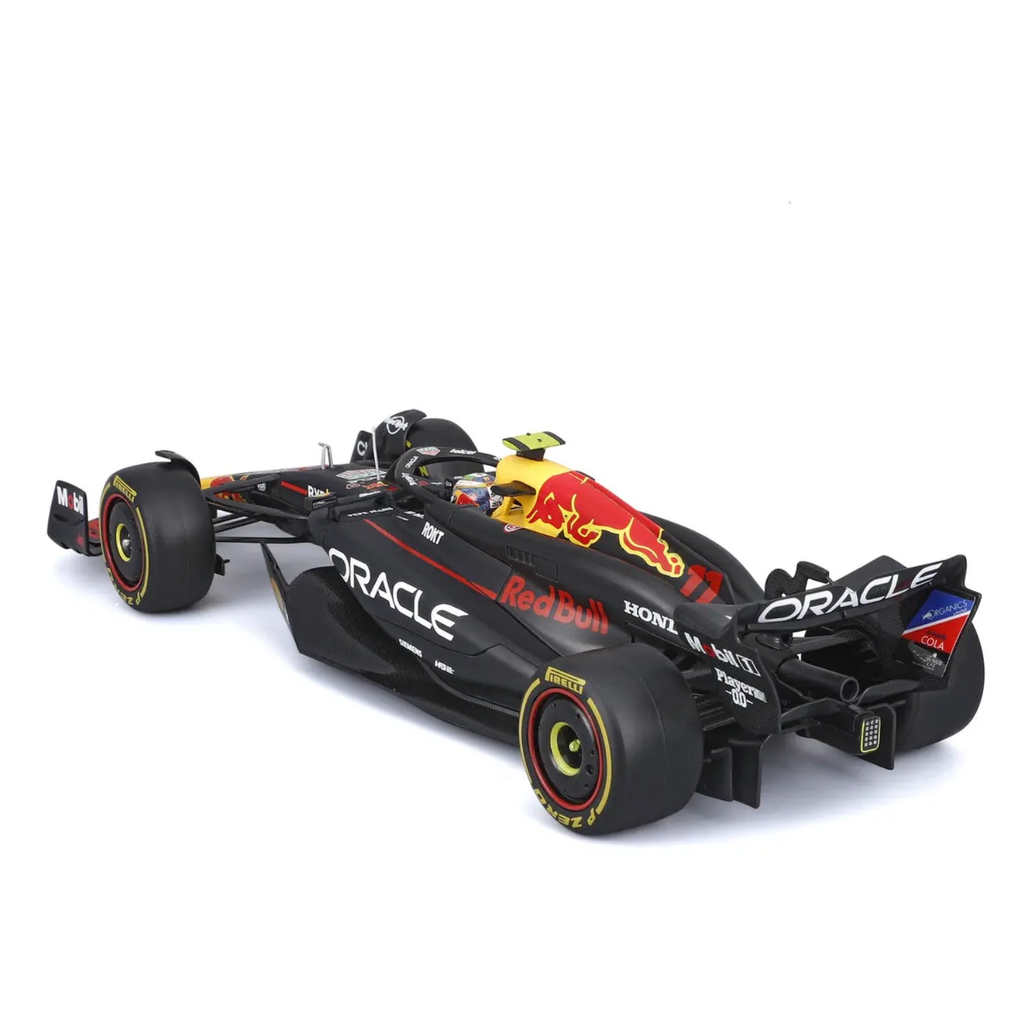 Carro F1 negro modelo Maisto, vista trasera con detalles de patrocinadores y llantas