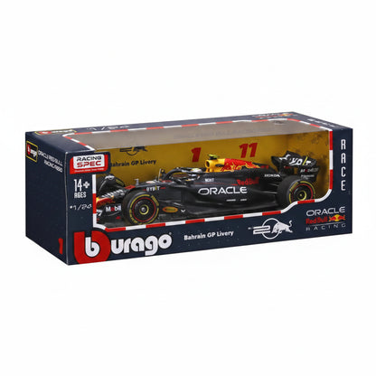 Carro F1 negro de Bburago, vista frontal con detalles de livery de Oracle Red Bull Racing