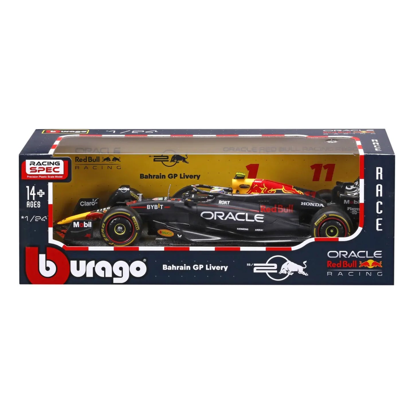 Carro F1 negro Burago, vista lateral en caja con diseño de carreras de Bahréin