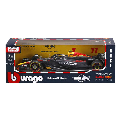 Carro F1 negro Burago, vista lateral en caja con diseño de carreras de Bahréin